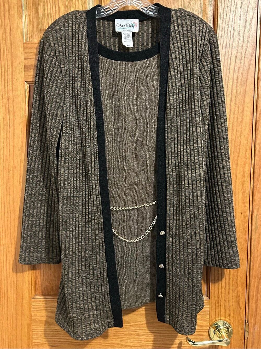 Vintage Olivia Rose New York Women Size 14 Metallic Gold Black Ribbed Cardigan T